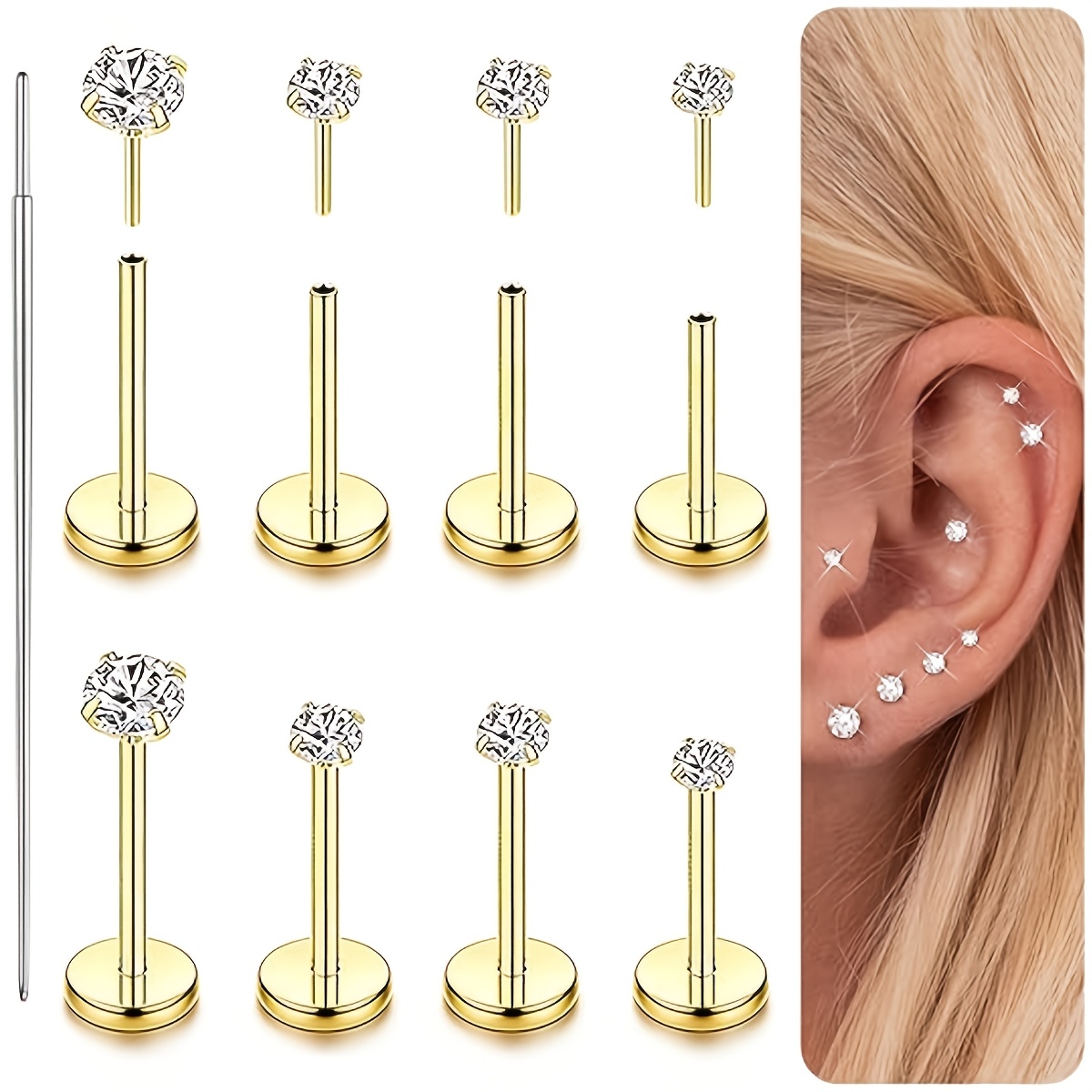 9pcs 304 Stainless Steel Flat Back Earrings and Nose Rings Set